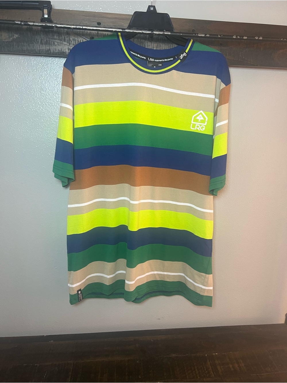 LRG Men’s Striped Crewneck Tee — Green/Blue/Neon Yellow/Tan